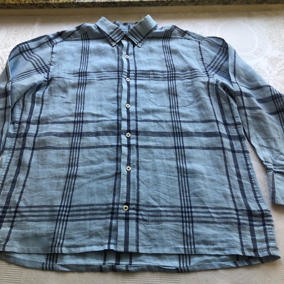 Southern Tide Blue Plaid Button-Down Shirt Trim-Fit Men’s Size L 100% Linen Top - Picture 14 of 16